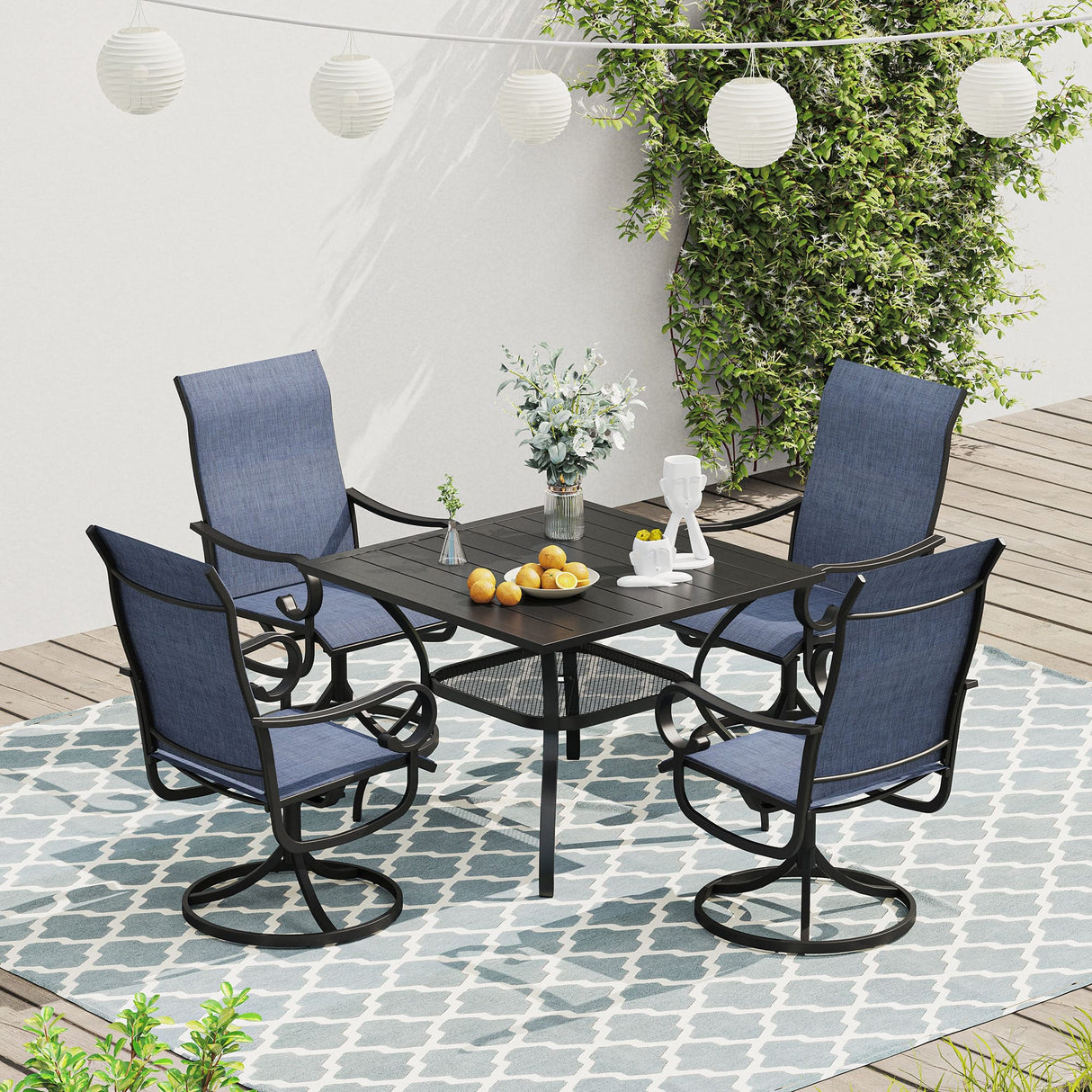 Vicllax 5 Pieces Outdoor Dining Set, 37.8" Metal Sqaure Table with Storage Shelf and Swivel Dining Chairs