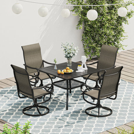 Vicllax 5 Pieces Outdoor Dining Set, 37.8" Metal Sqaure Table with Storage Shelf and Swivel Dining Chairs