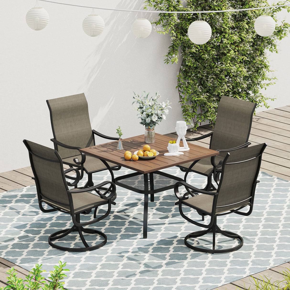 Vicllax 5 Pieces Outdoor Dining Set, 37.8" Metal Sqaure Table with Storage Shelf and Swivel Dining Chairs
