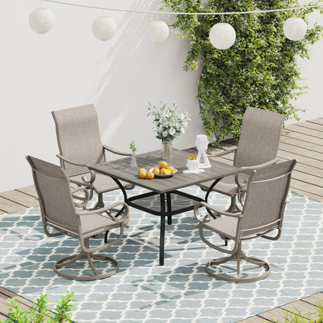 Vicllax 5 Pieces Outdoor Dining Set, 37.8" Metal Sqaure Table with Storage Shelf and Swivel Dining Chairs