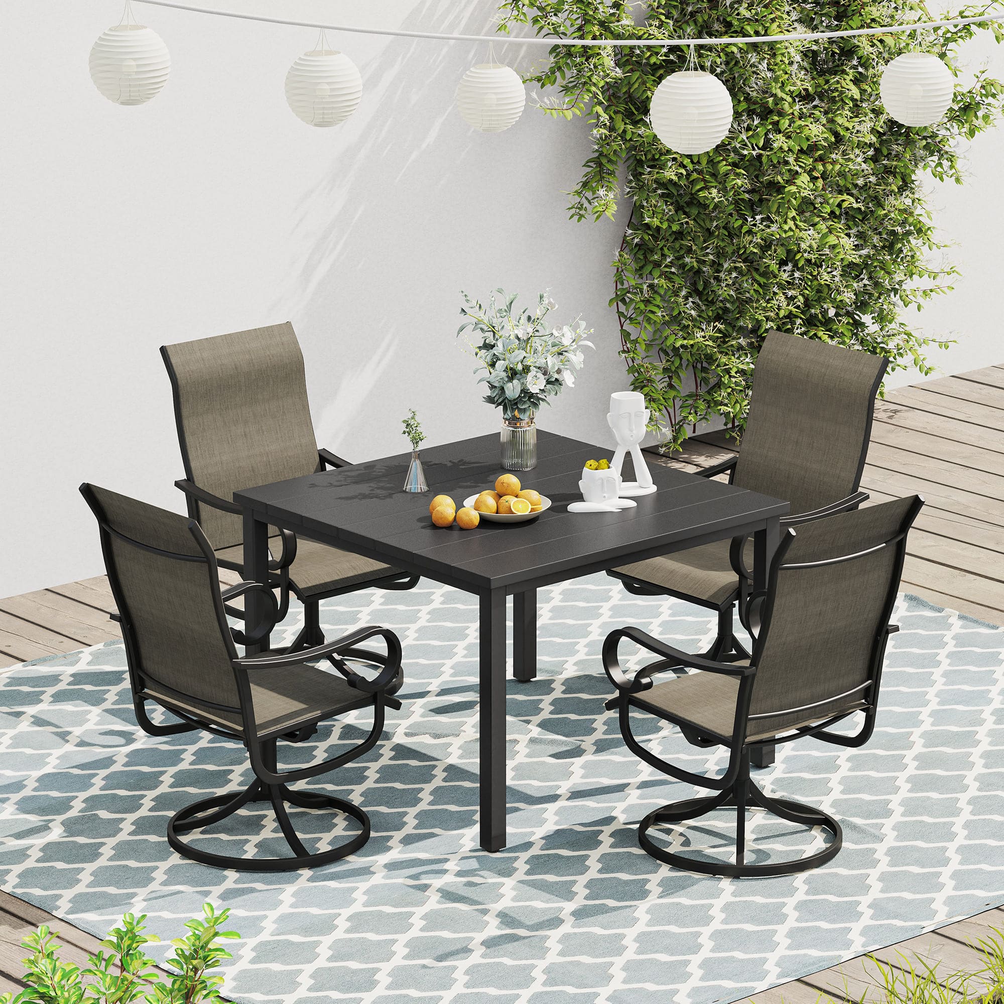 Vicllax 5 Pieces Outdoor Dining Set, Metal Sqaure Table with Umbrella Hole and Swivel Dining Chairs
