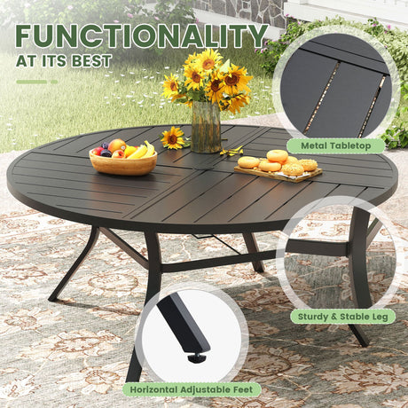 VICLLAX 9-pcs Outdoor Dining Set, 60” Round Metal Table with Umbrella Hole & 8 Swivel Textilene Chairs