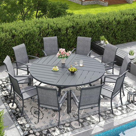 Vicllax 11 PCS Patio Dining Table Set, 63" Round Metal Table with Shelf and Skyline Stackable Chair