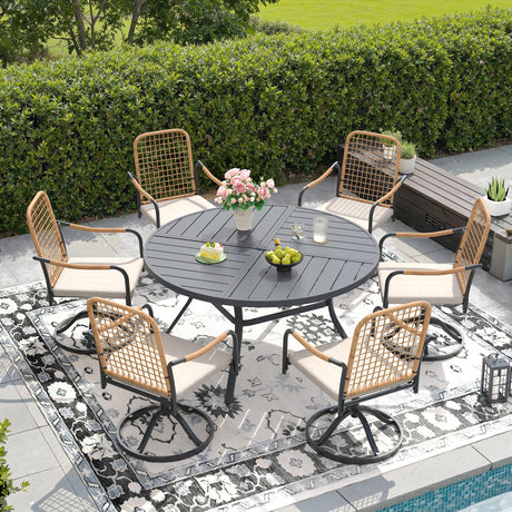 VICLLAX 7-Piece Outdoor Dining Set, 50” Round Metal Table with Umbrella Hole & Solana Swivel Chair