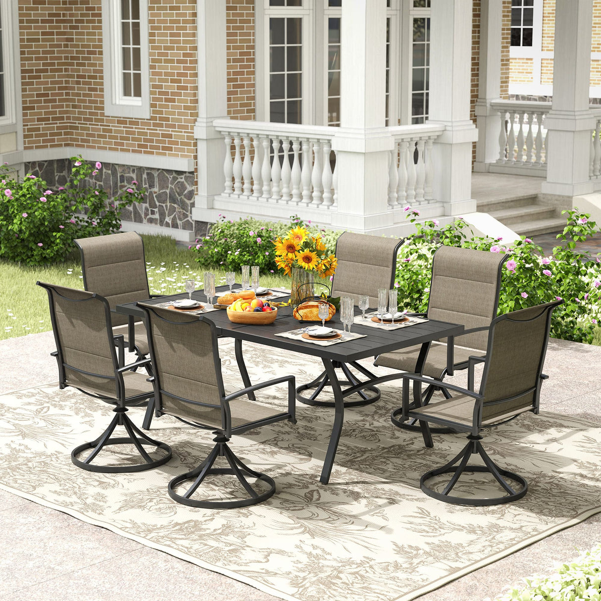 Vicllax 7 Pieces Outdoor Dining Set with Metal Rectangular Table and Padded Swivel Chair