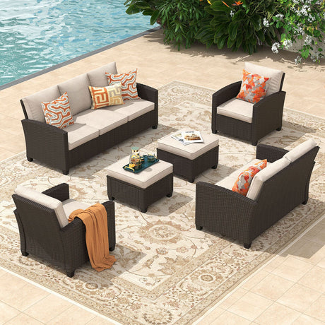 Vicllax Patio Furniture Set, Wicker Outdoor Conversation Set with Cushioned Sofa Chairs and Ottomans