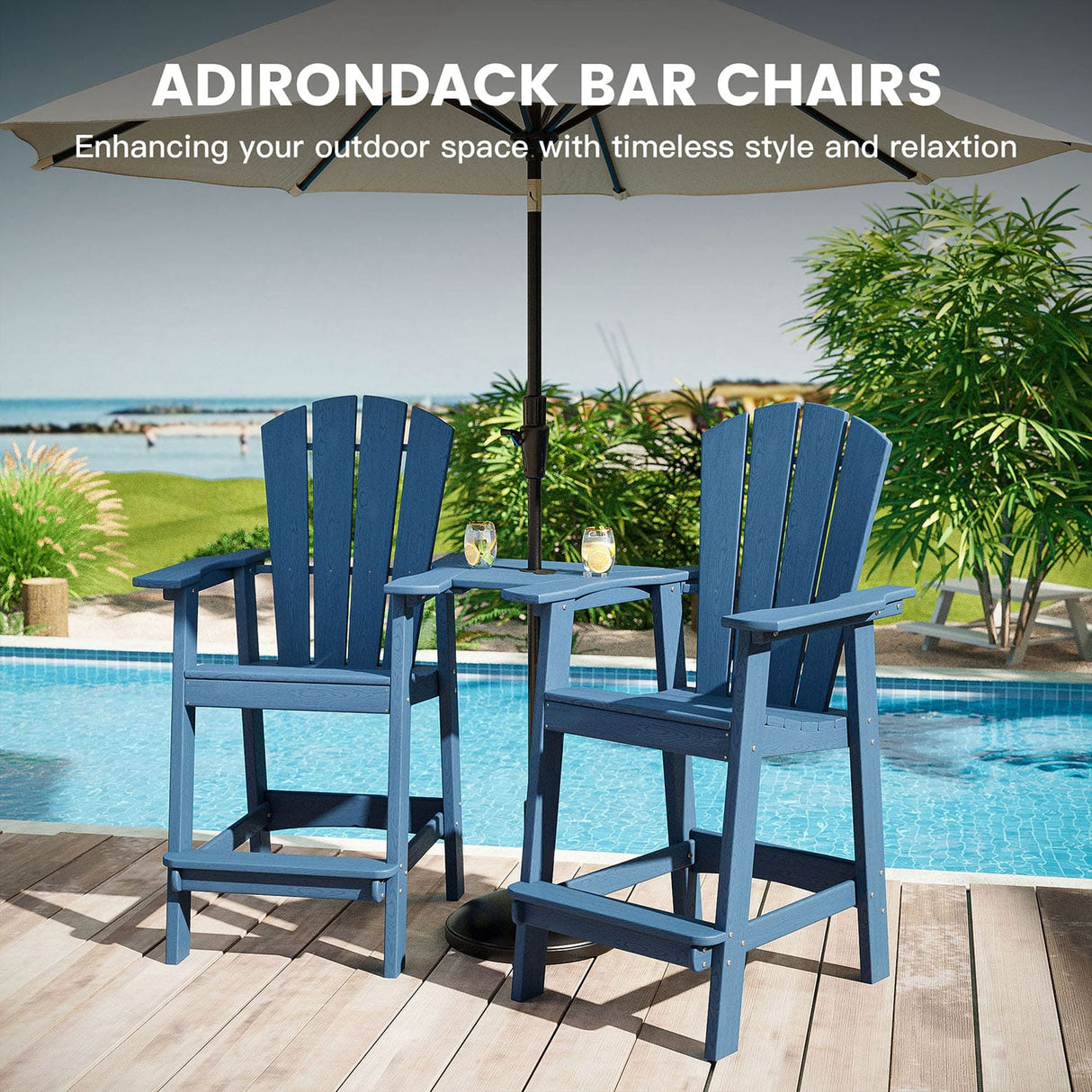 Vicllax Outdoor HDPE Adirondack Bar Chair, Patio Bar Stools with Umbrella Hole
