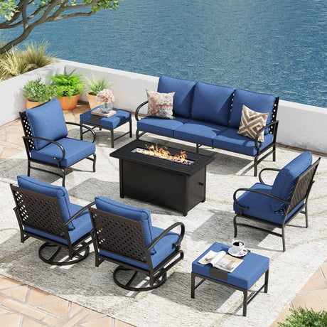 Vicllax Outdoor Patio Conversation Sofa Set with Cushioned Sofa Chairs and Metal Rectangular Fire Pit, Blue