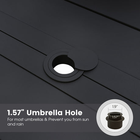 Vicllax Mesa de comedor de exterior para 6 personas, mesa de listones de acero curvado de metal para patio con orificio para sombrilla