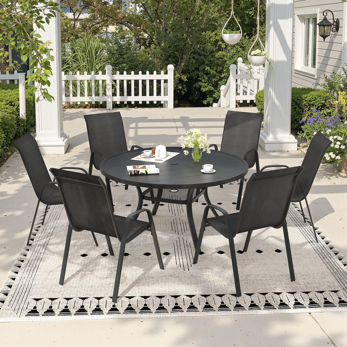 Vicllax 7 Pieces Outdoor Dining Set, 47.2"Round Table and Horizon Stackable Chair
