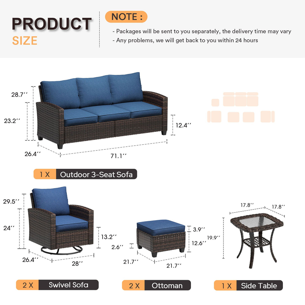 VICLLAX Versatile Wicker Patio Set: 5 Seater with Fire Table/Ottoman