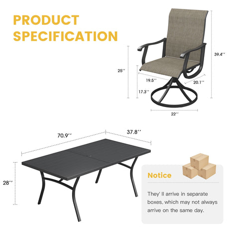 Vicllax Juego de comedor de exterior de 7 piezas con mesa rectangular de metal y sillas giratorias de textileno