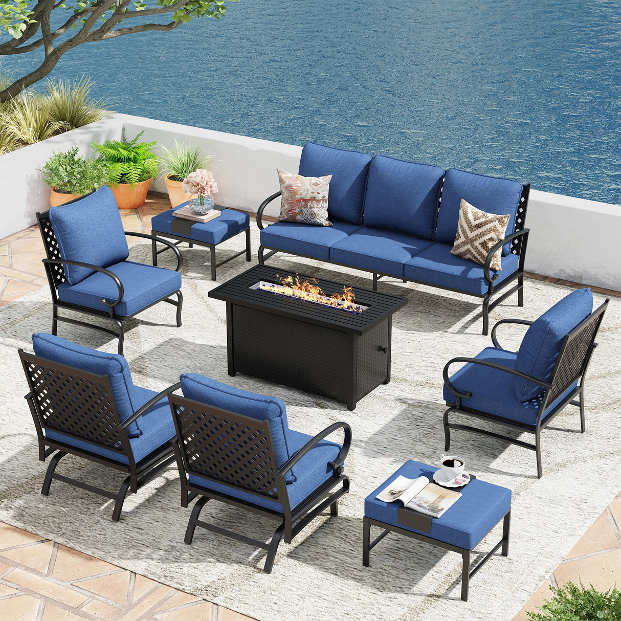 Vicllax Outdoor Patio Conversation Sofa Set with Cushioned Sofa Chairs and Metal Rectangular Fire Pit, Blue