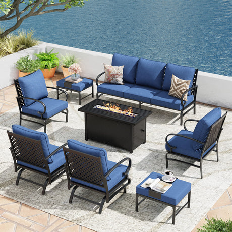 Vicllax Outdoor Patio Conversation Sofa Set with Cushioned Sofa Chairs and Metal Rectangular Fire Pit, Blue