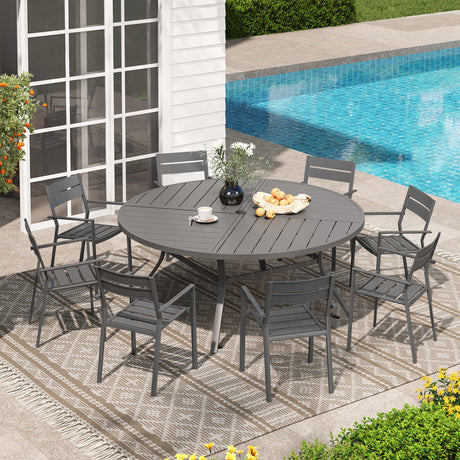 Vicllax 9 Pieces Outdoor Dining Set with 53" Round Metal Table and Armrest Chairs