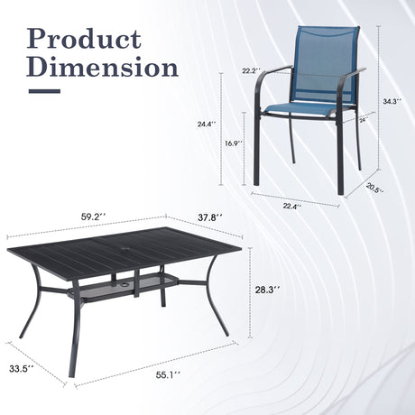 Vicllax Juego de comedor de exterior de 7 piezas con mesa rectangular de metal y sillas con reposabrazos de textileno