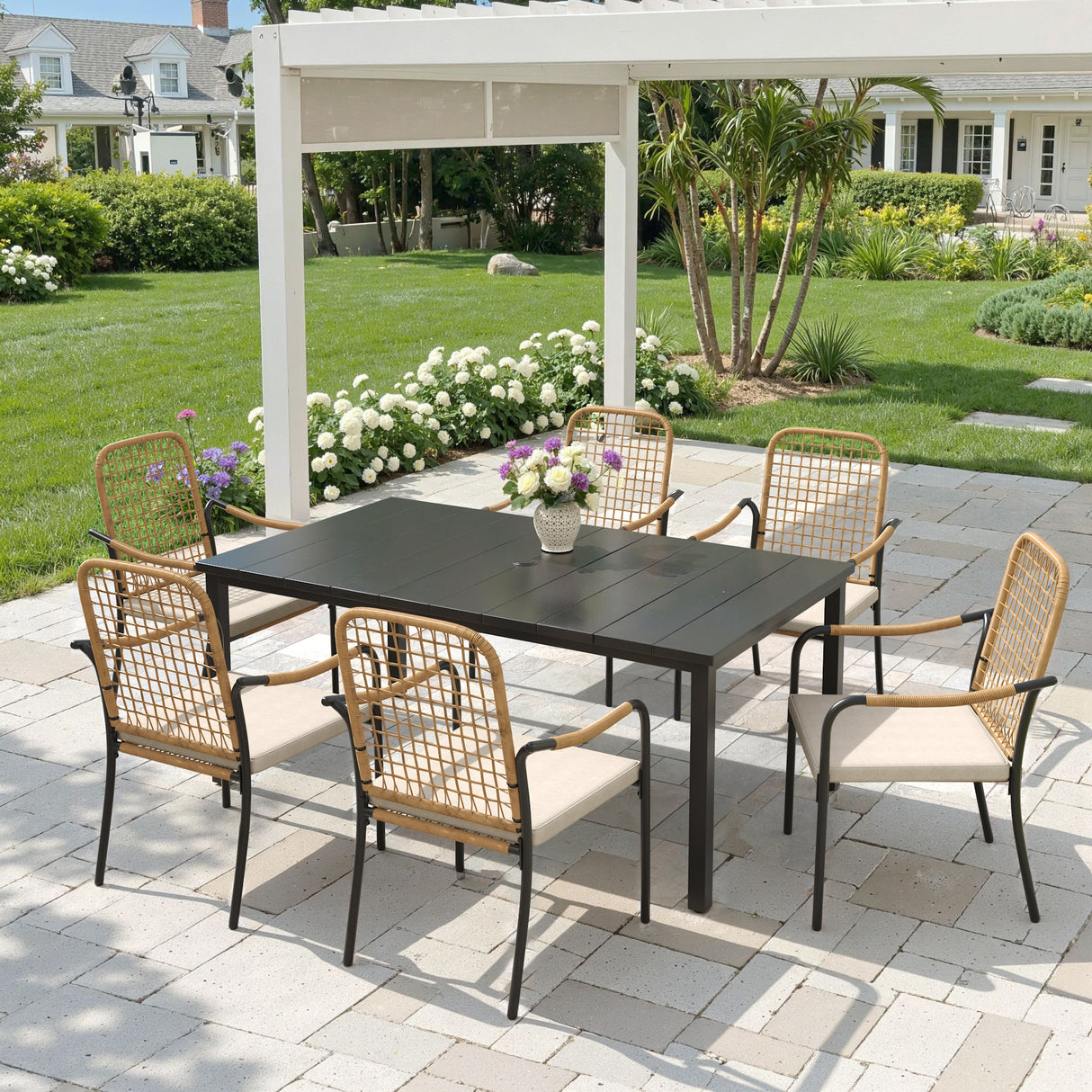 Vicllax 7 Pieces Outdoor Dining Set, Rectangular Metal Table and Solana Stackable Chair