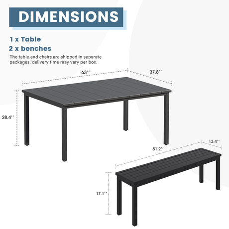 Vicllax Juego de banco y mesa de comedor rectangular de metal para exterior, 3 piezas