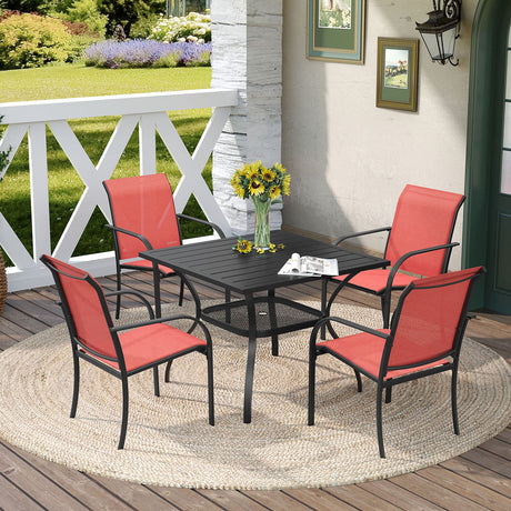 Vicllax Juego de comedor para exterior de 5 piezas con mesa cuadrada de metal de 42" y sillas de textileno 