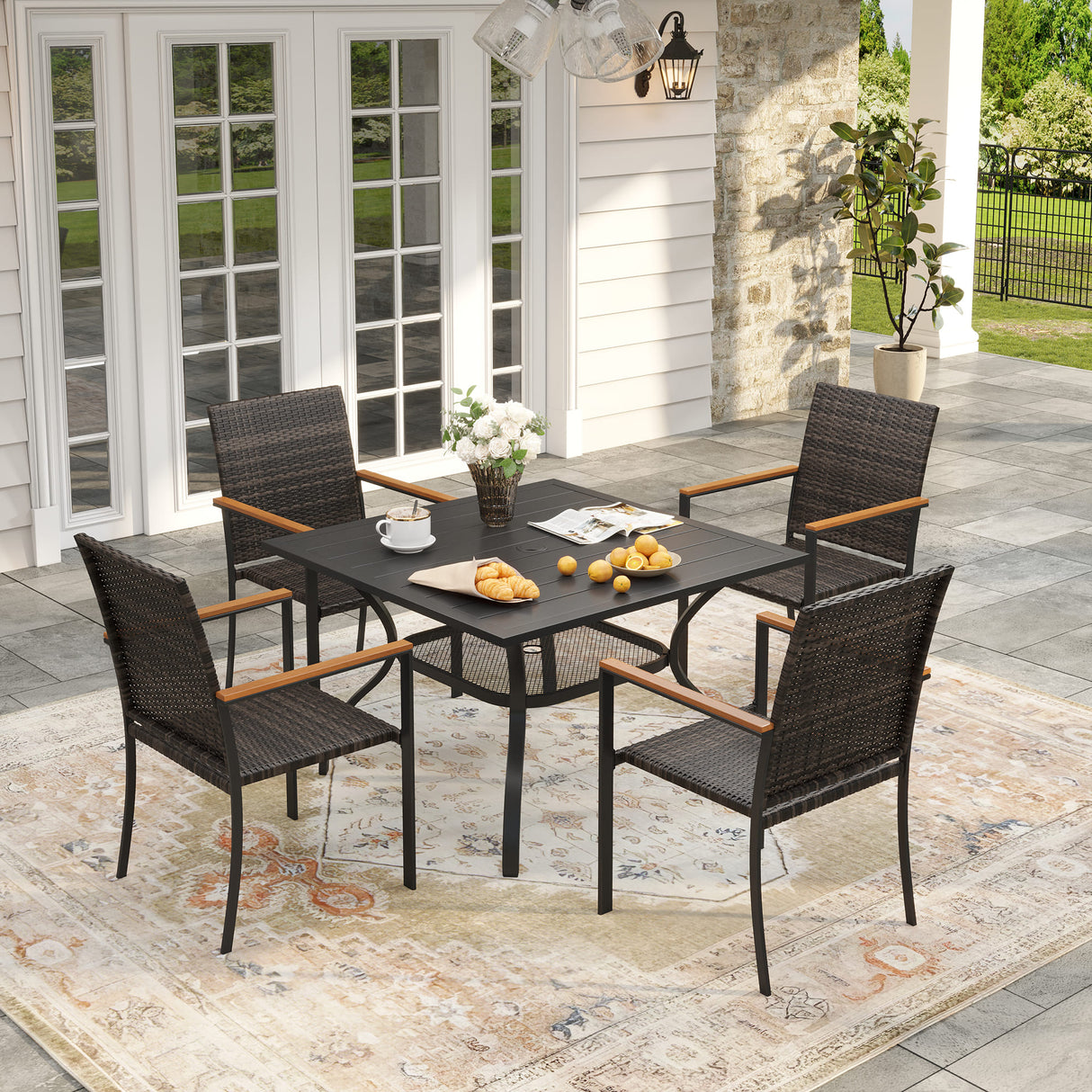 Vicllax 5 Pieces Outdoor Dining Set, 37.8"Square dining Table and 4 Stackable Metal Armchairs