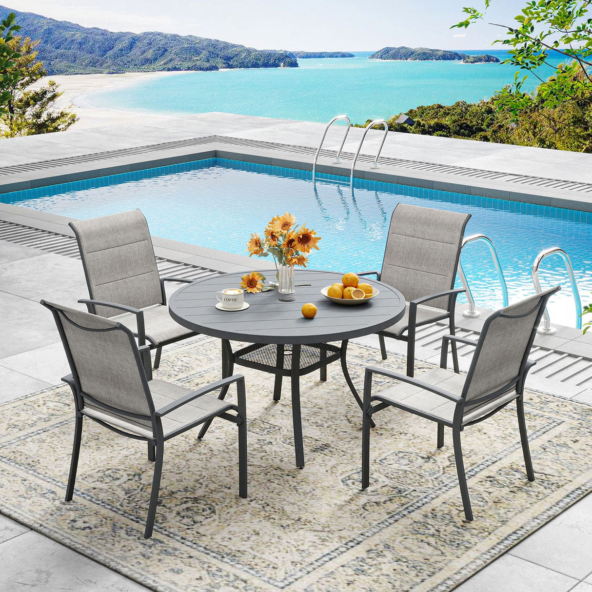 Vicllax 5/7/9 Pcs Outdoor Dining Set, Round Metal Table and Stackable Padded Chair