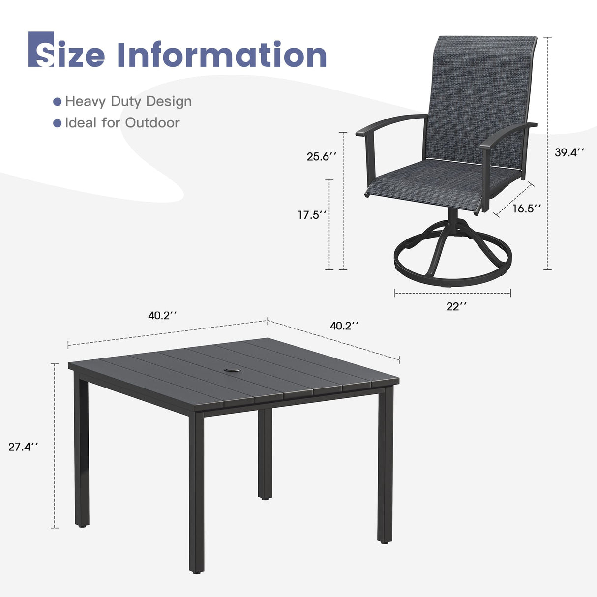 Vicllax 5pcs Outdoor Dining Set,  Square Metal Table and 4 Textilene Swivel  Chairs
