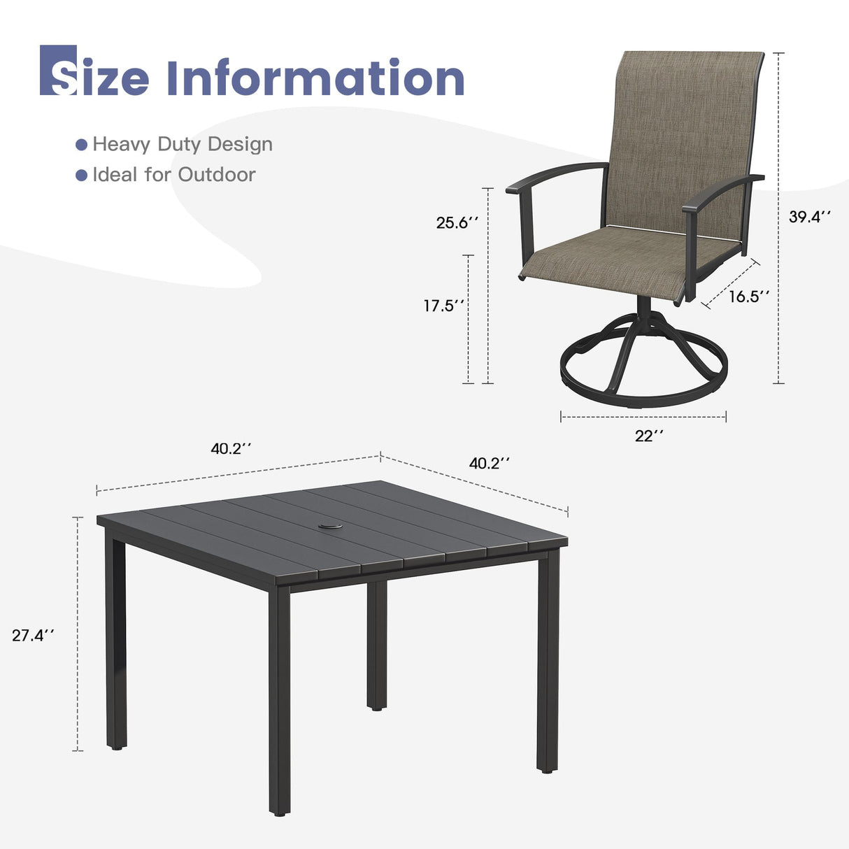 Vicllax 5pcs Outdoor Dining Set,  Square Metal Table and 4 Textilene Swivel  Chairs