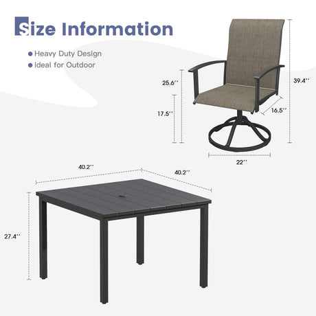 Vicllax 5pcs Outdoor Dining Set,  Square Metal Table and 4 Textilene Swivel  Chairs