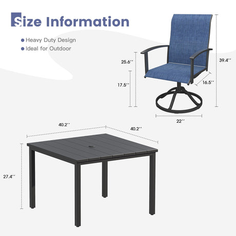 Vicllax 5pcs Outdoor Dining Set,  Square Metal Table and 4 Textilene Swivel  Chairs
