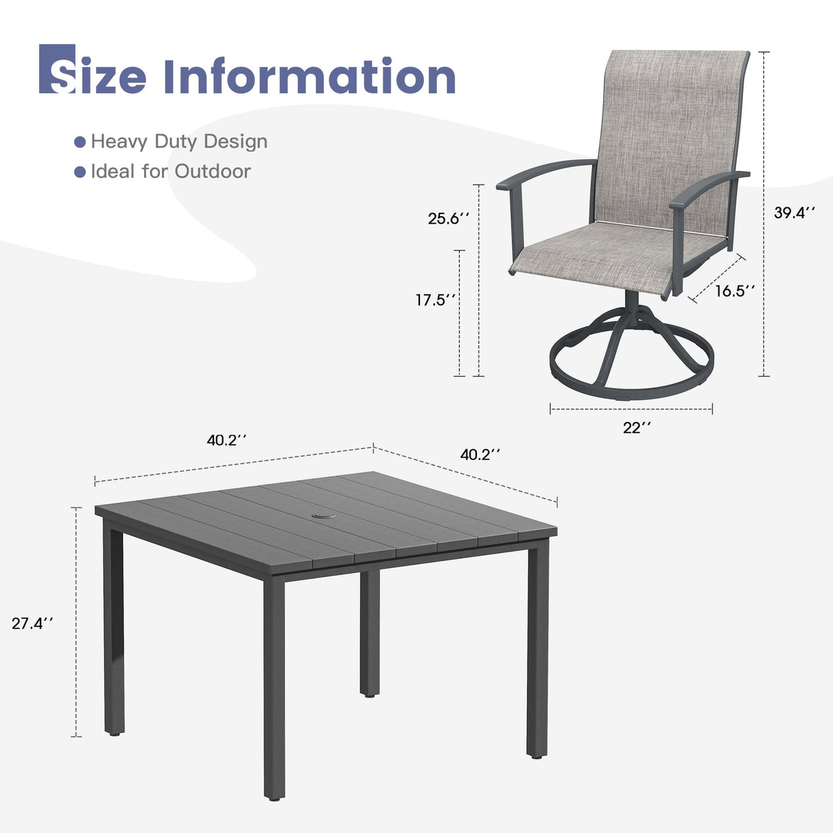 Vicllax 5pcs Outdoor Dining Set,  Square Metal Table and 4 Textilene Swivel  Chairs