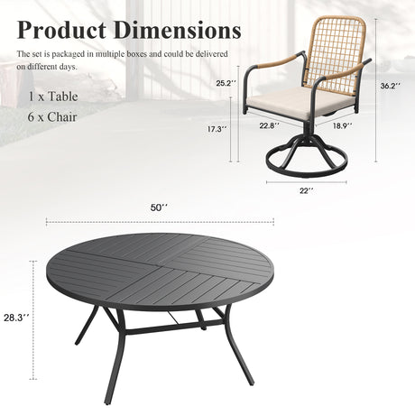 VICLLAX 7-Piece Outdoor Dining Set, 50” Round Metal Table with Umbrella Hole & Solana Swivel Chair