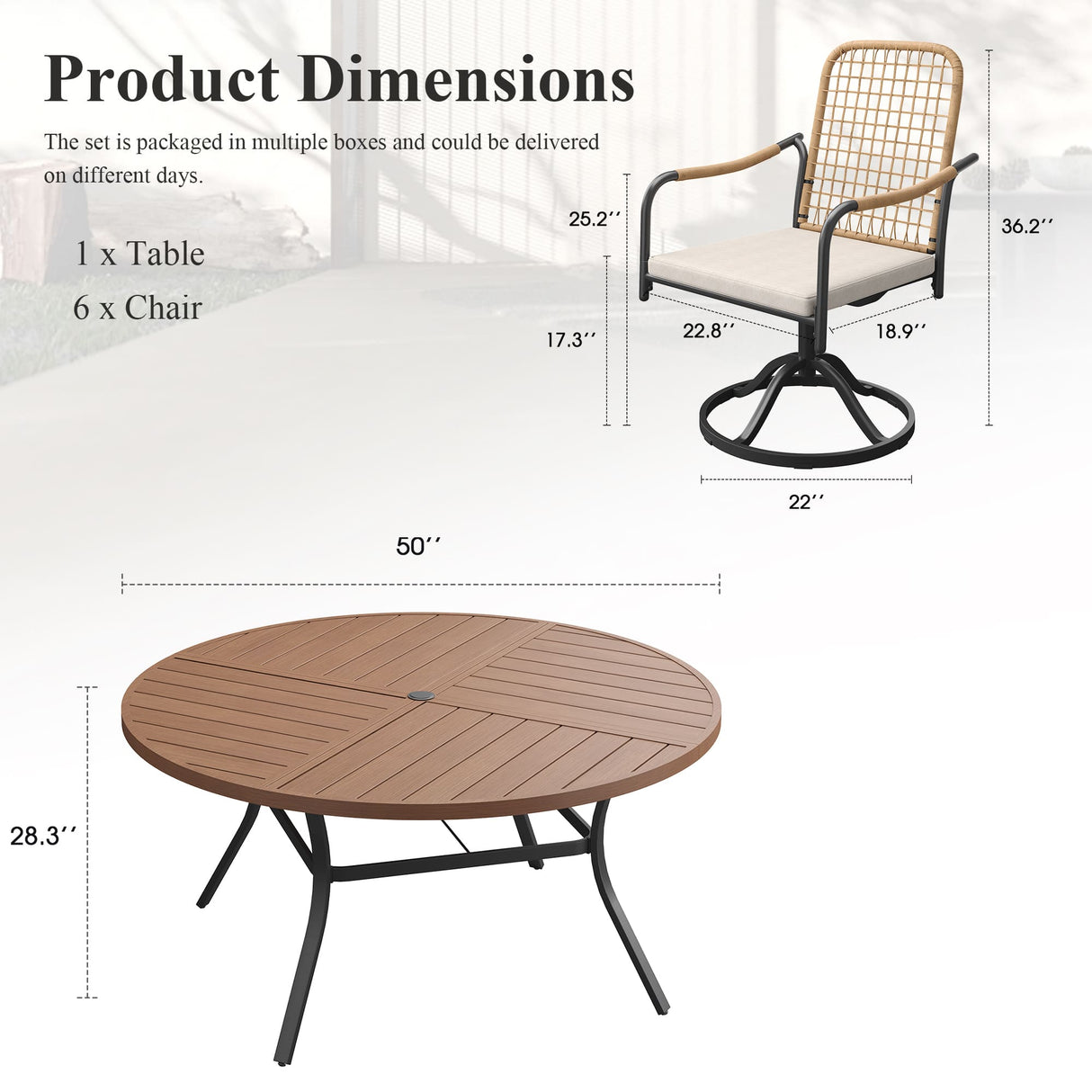 VICLLAX 7-Piece Outdoor Dining Set, 50” Round Metal Table with Umbrella Hole & Solana Swivel Chair