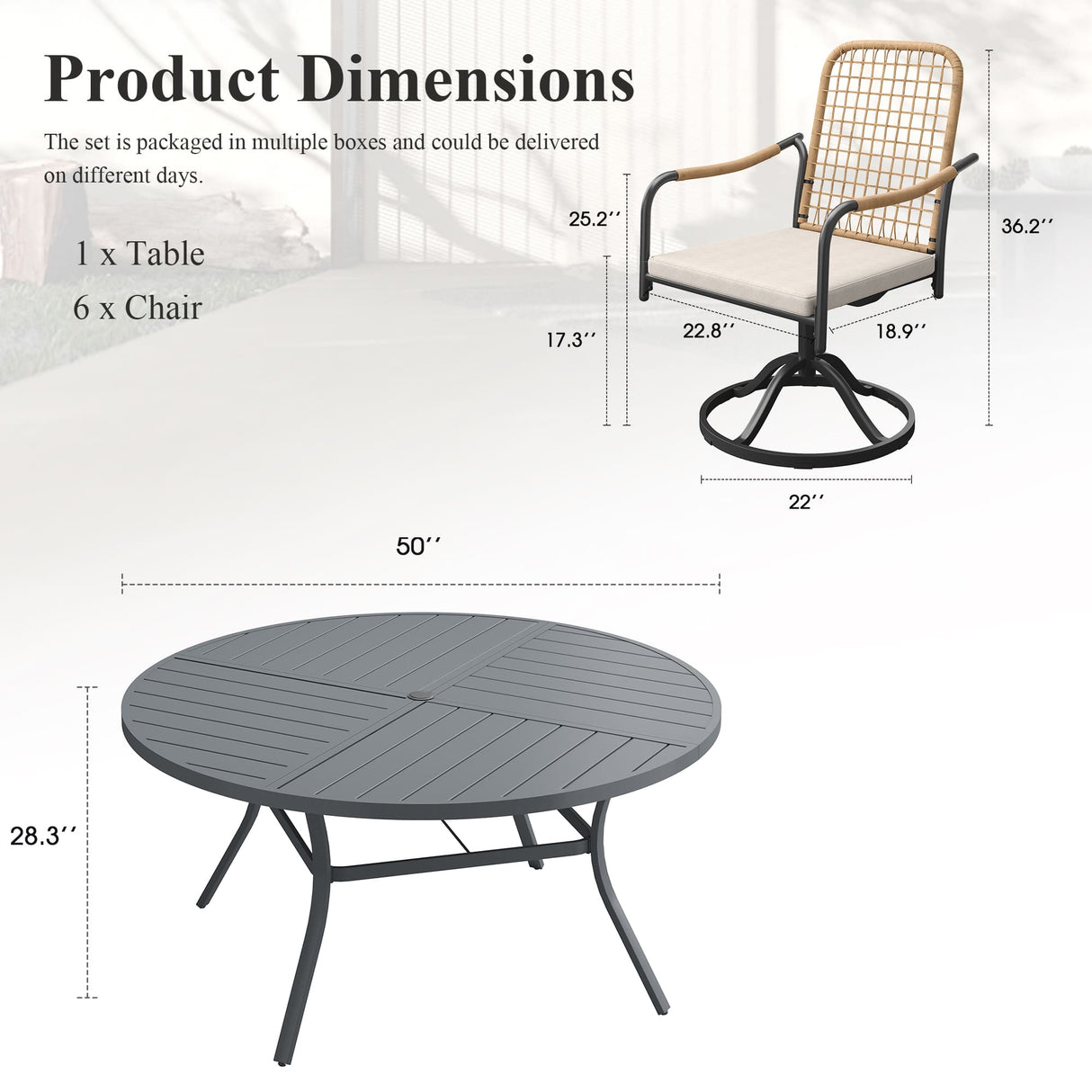 VICLLAX 7-Piece Outdoor Dining Set, 50” Round Metal Table with Umbrella Hole & Solana Swivel Chair