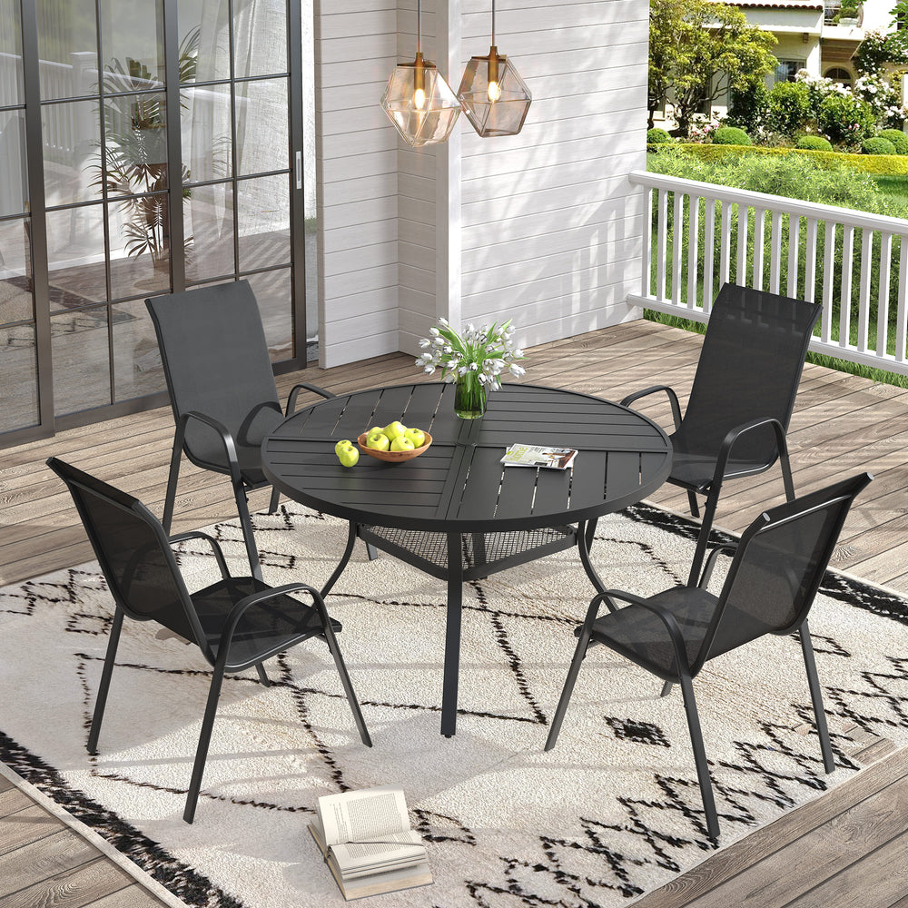 Vicllax 5 PCS Patio Dining Table Set, 41" Round Metal Table with Shelf and Horizon Stackable Chair