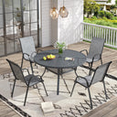 Vicllax 5 PCS Patio Dining Table Set, 41" Round Metal Table with Shelf and Horizon Stackable Chair
