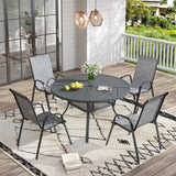 Vicllax 5 PCS Patio Dining Table Set, 41" Round Metal Table with Shelf and Horizon Stackable Chair