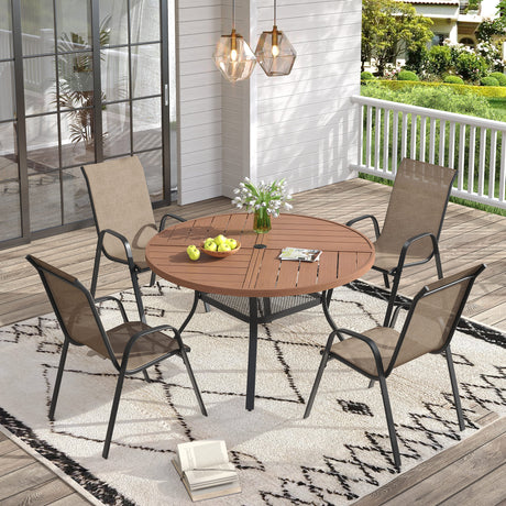 Vicllax 5 PCS Patio Dining Table Set, 41" Round Metal Table with Shelf and Horizon Stackable Chair