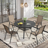 Vicllax 5 PCS Patio Dining Table Set, 41" Round Metal Table with Shelf and Horizon Stackable Chair