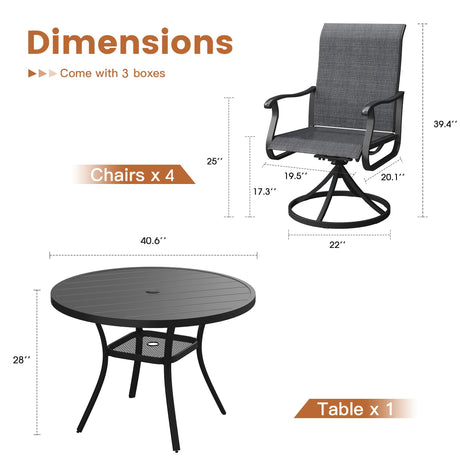 Vicllax Juego de comedor para exterior de 5 piezas con mesa redonda de metal de 42" y 4 sillas giratorias acolchadas