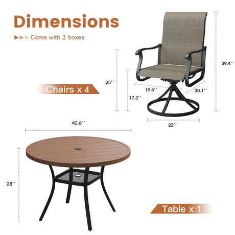 Vicllax Juego de comedor para exterior de 5 piezas con mesa redonda de metal de 42" y 4 sillas giratorias acolchadas