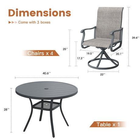 Vicllax Juego de comedor para exterior de 5 piezas con mesa redonda de metal de 42" y 4 sillas giratorias acolchadas