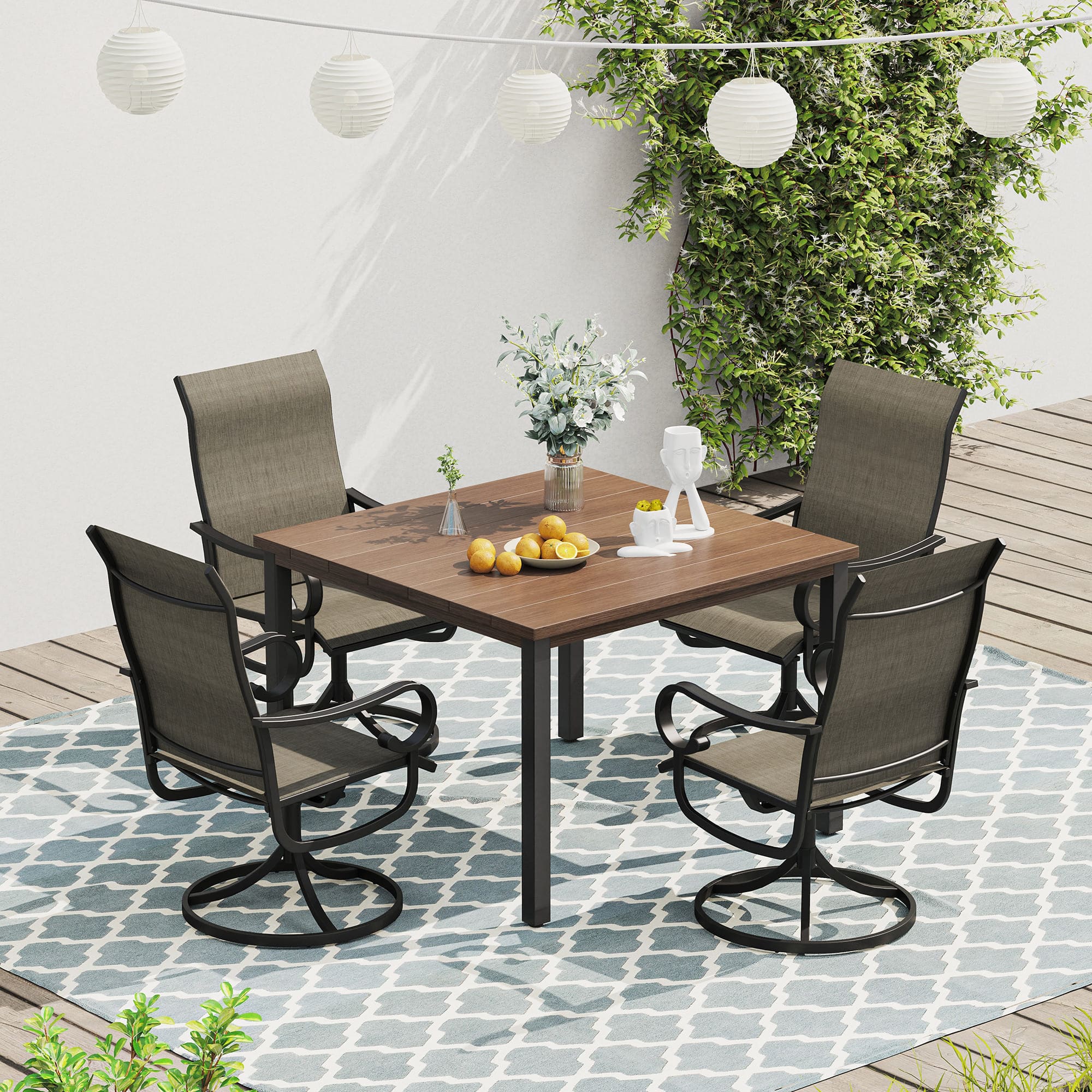 Vicllax 5 Pieces Outdoor Dining Set, Metal Sqaure Table with Umbrella Hole and Swivel Dining Chairs