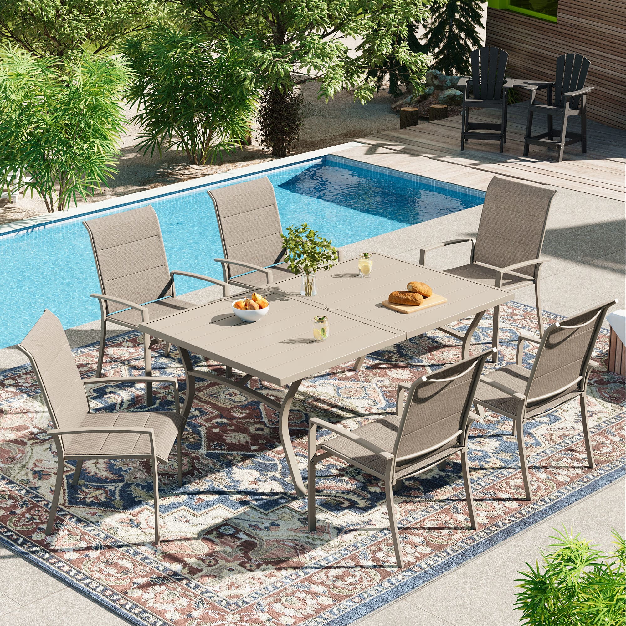 Vicllax 7 Pieces Outdoor Dining Set, Metal 63" Rectangular Table and Padded Stackable Sling Chair