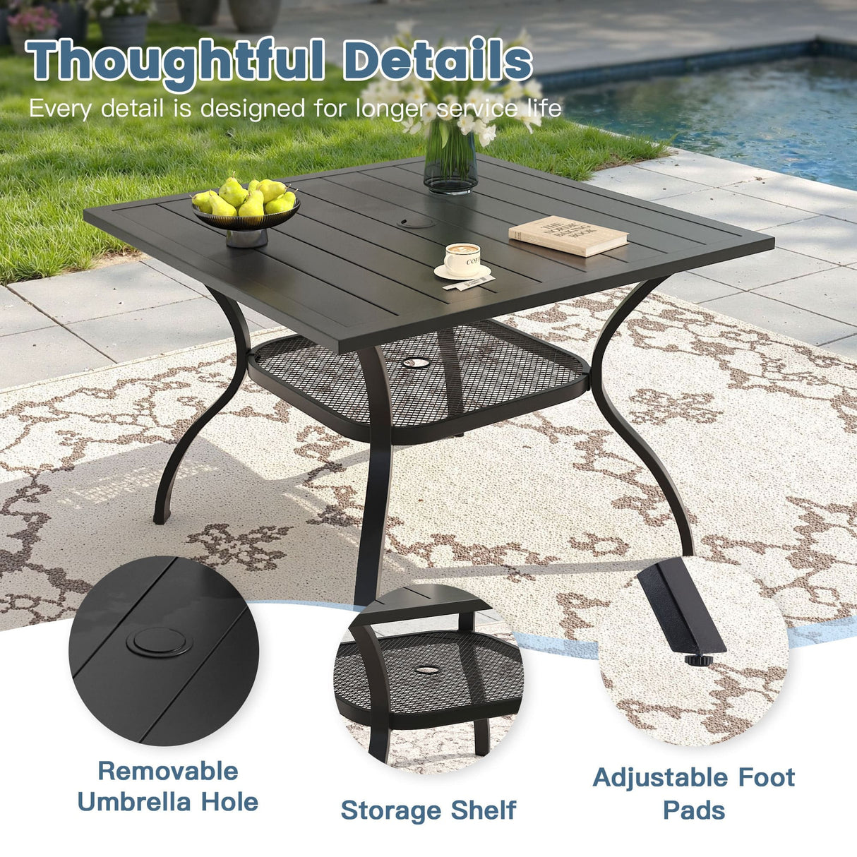 Vicllax 5 Pcs Outdoor Dining Set, Square Metal Table with Storage Shelf and 4 Swivel Chairs