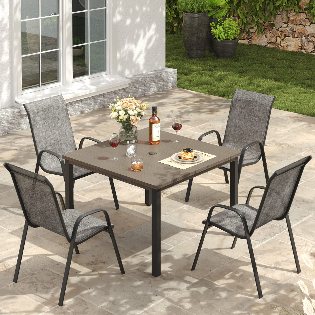 Vicllax 5 Pieces Outdoor Dining Set, Patio Square Metal Table and Horizon Stackable Chair