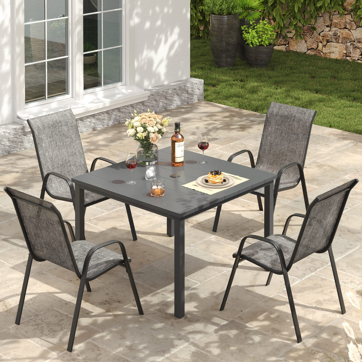 Vicllax 5 Pieces Outdoor Dining Set, Patio Square Metal Table and Horizon Stackable Chair