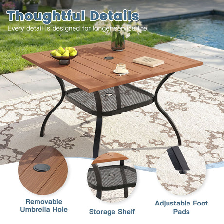 Vicllax 5 Pcs Outdoor Dining Set, Square Metal Table with Storage Shelf and 4 Swivel Chairs