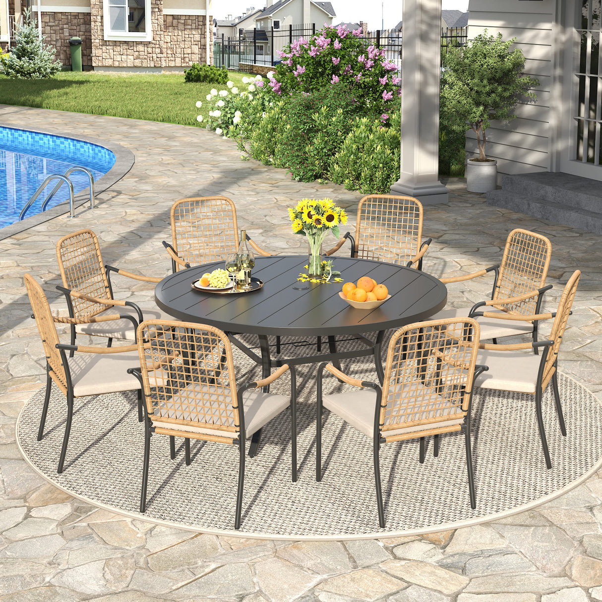 Vicllax 9-Piece Outdoor Dining Set, 53” Round Metal Table with Umbrella Hole and Solana Stackable Chair