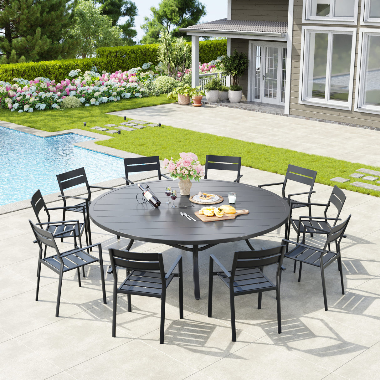 Vicllax Mesa redonda para patio de 42" con estante de almacenamiento y orificio para sombrilla ajustable 