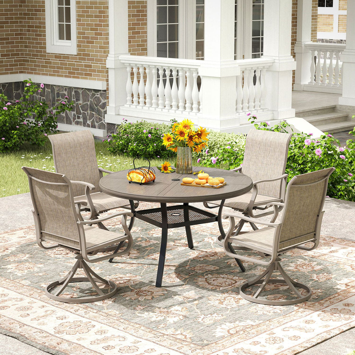 Vicllax Outdoor Round Dining Table, Patio Aluminum Tabletop with Storage Shelf